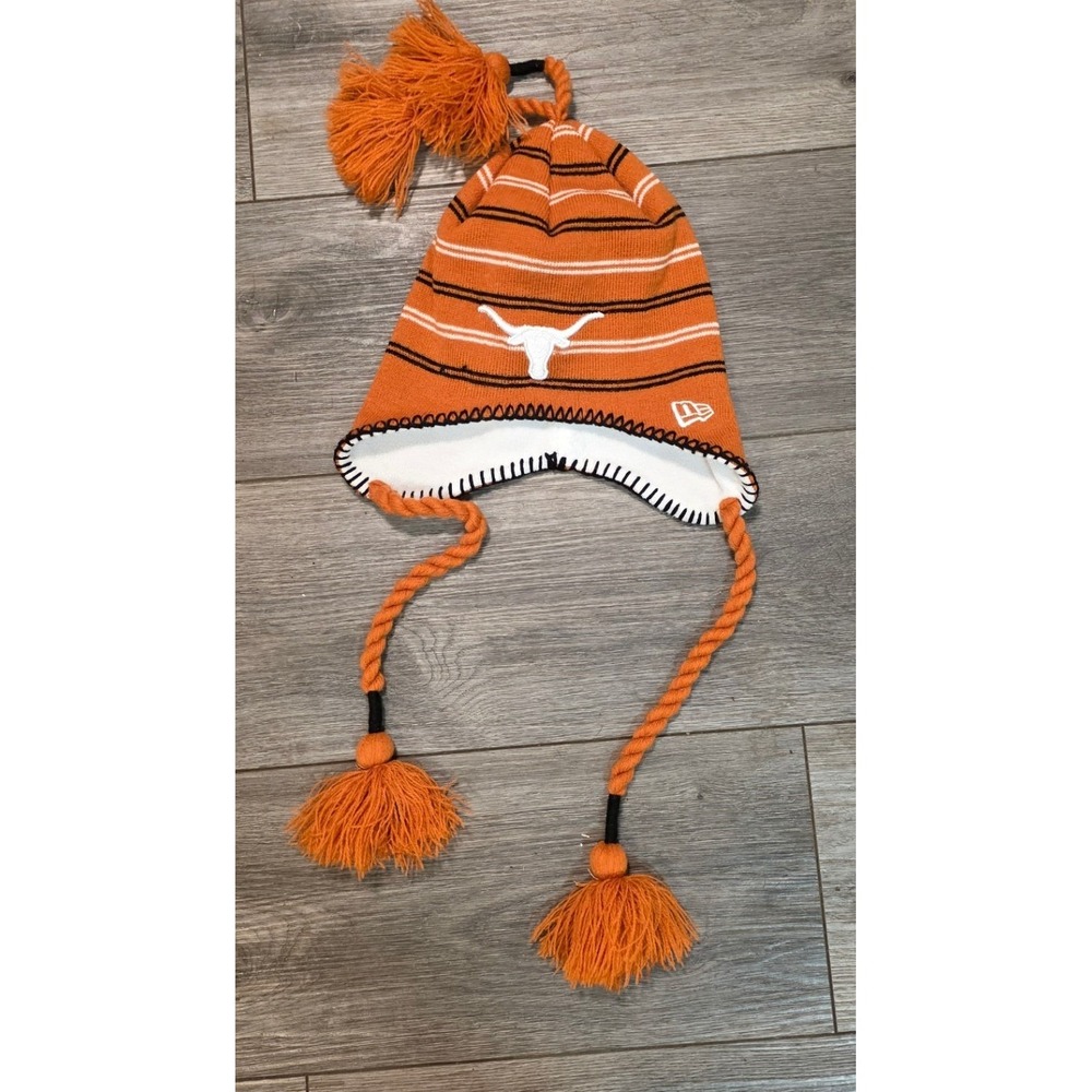 New Era Mens OSFM Beanie Orange Texas Longhorns Tassel Knit Hat Pom Striped